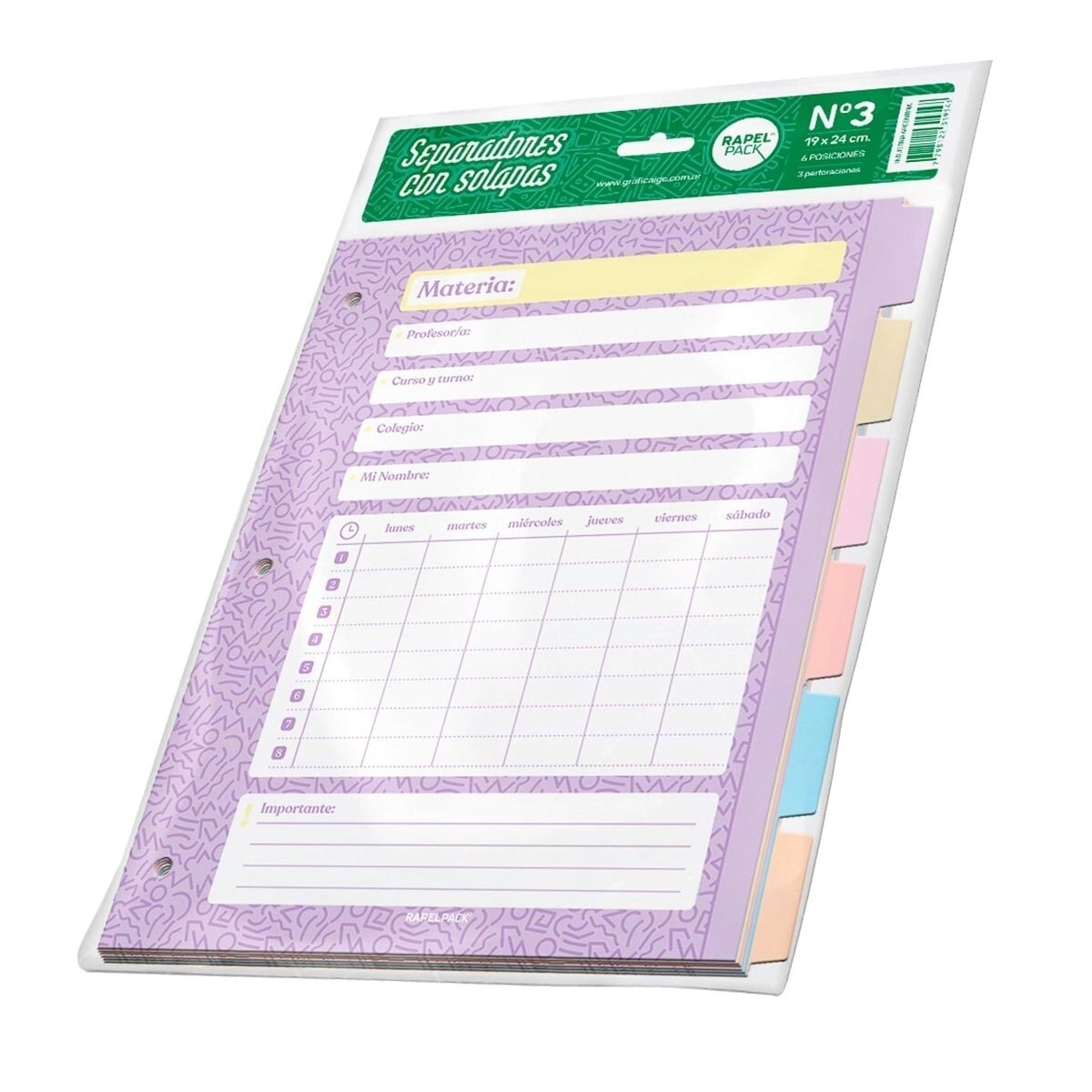 SEPARADOR RAPEL PACK N3 C/SOLAPA Y HORARIO PASTEL x 6u