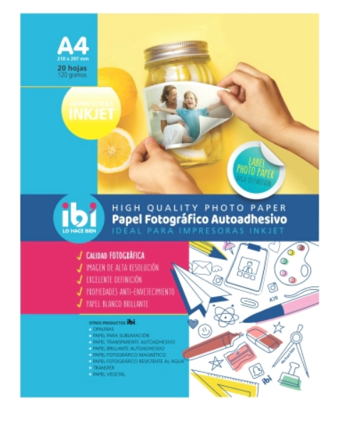 PAPEL FOTOGRAFICO IBI A4 AUTOADHESIVO 120grs x 20hjs