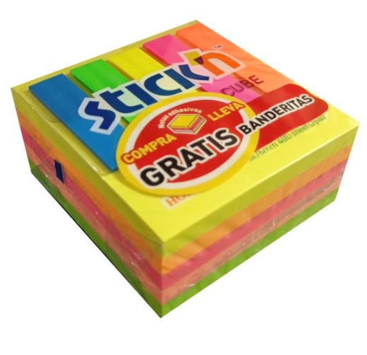 MEMO STICK�N FLUO 76x76mm x 400hjs + BANDERITAS GRATIS